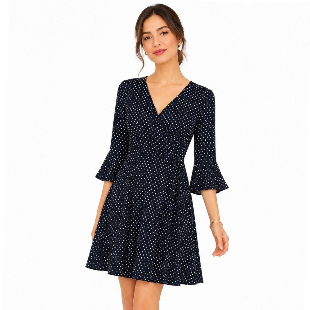 Everly Navy Blue Polka Dot Fit and Flare Dress Bell Sleeve V-Neck Womens L